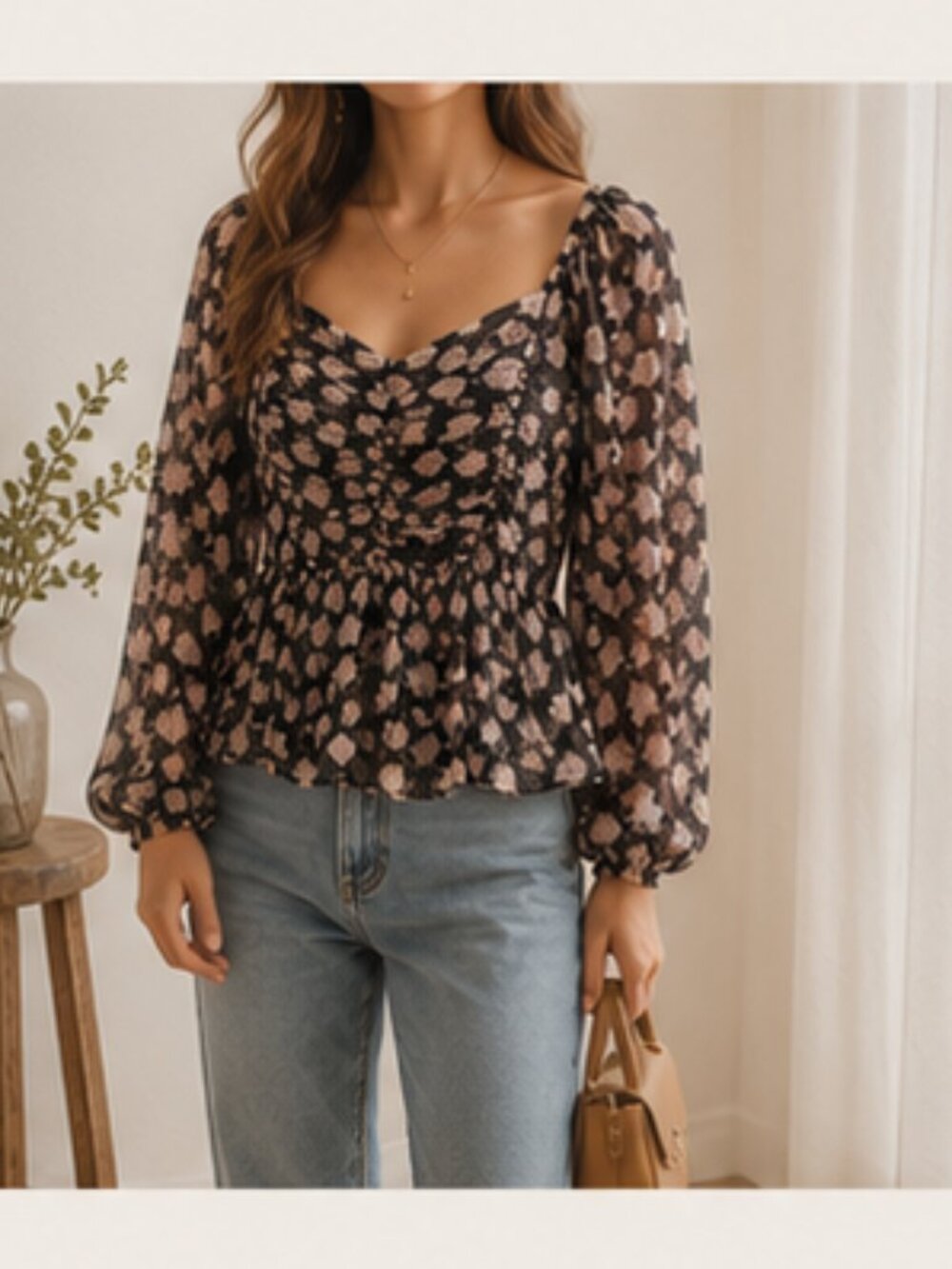 American Eagle Floral Chiffon Peplum Top Sheer Romantic Cottagecore Blouse L